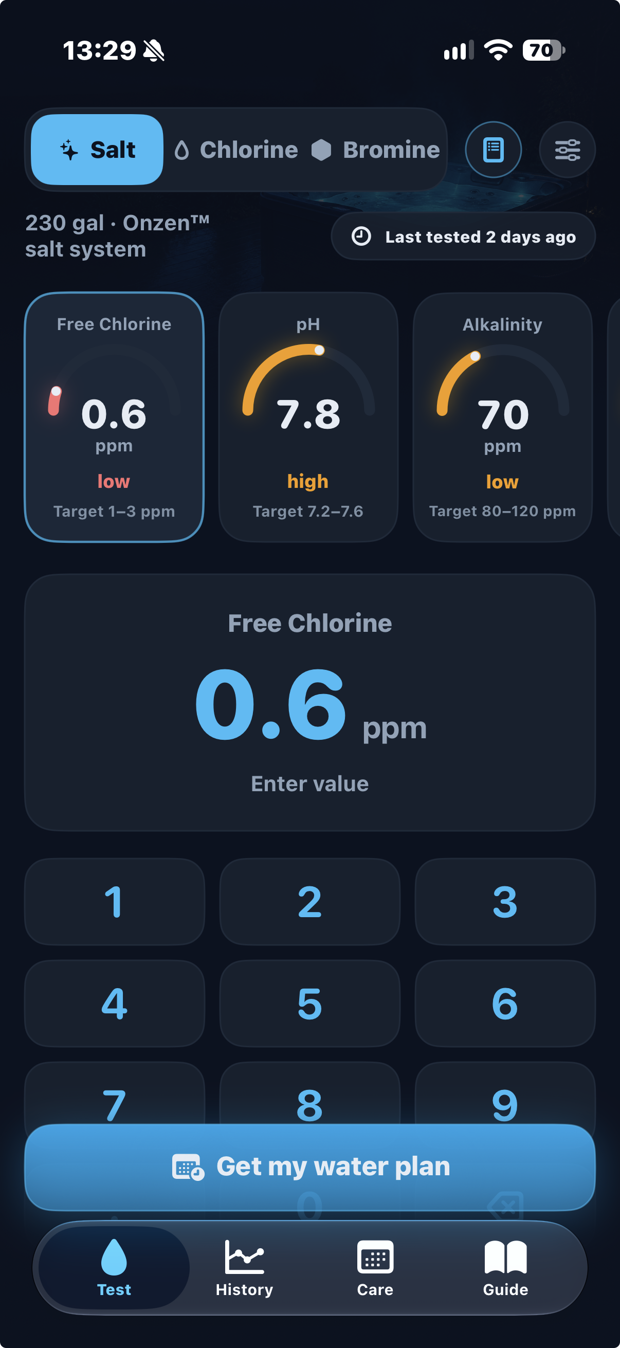 ManlySpa Test screen with salt, chlorine, and bromine modes, water readings, target ranges, and a Get my water plan action